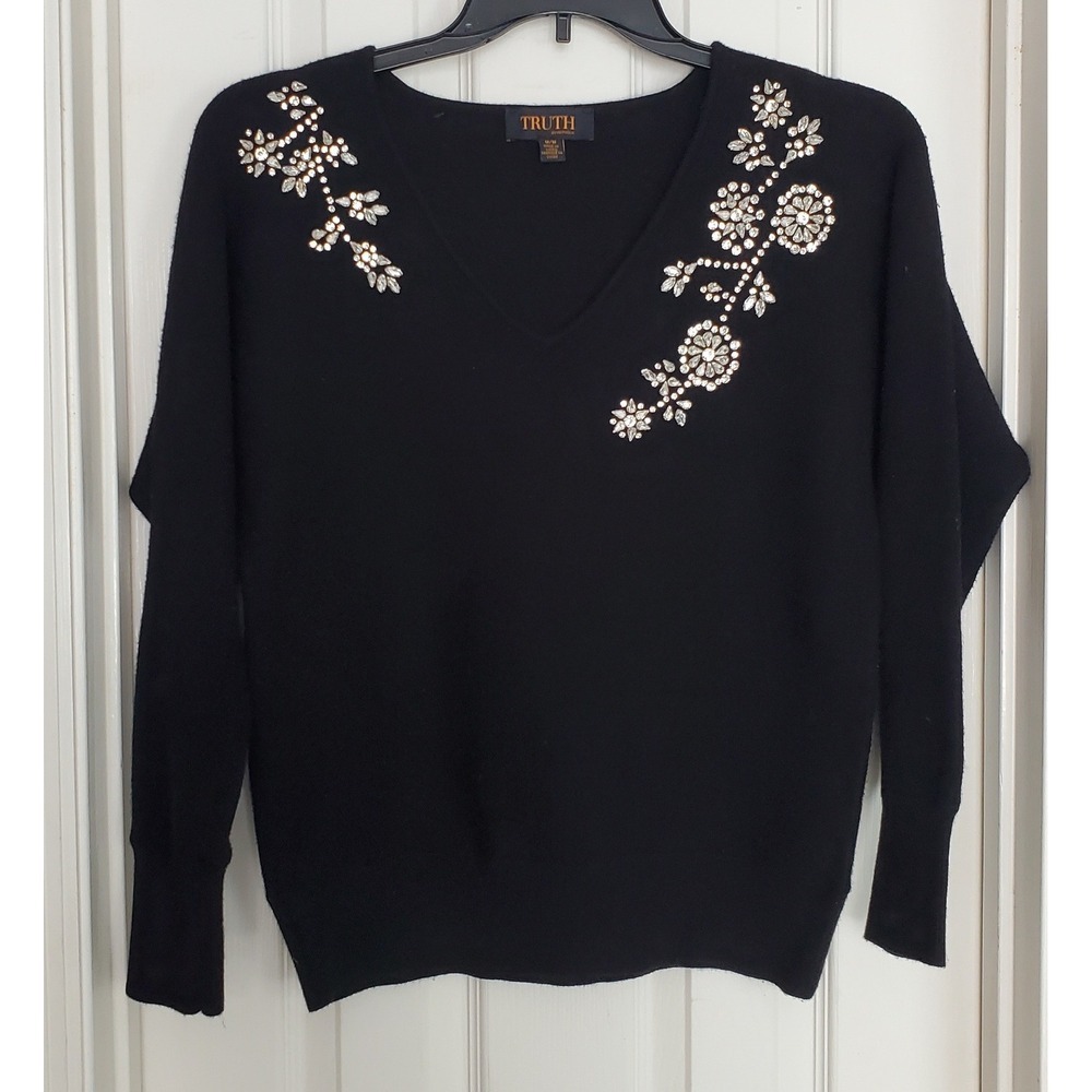 Truth By Republic Sweater‎ Black Embellished Rhinestone Floral V-Neck Knit M